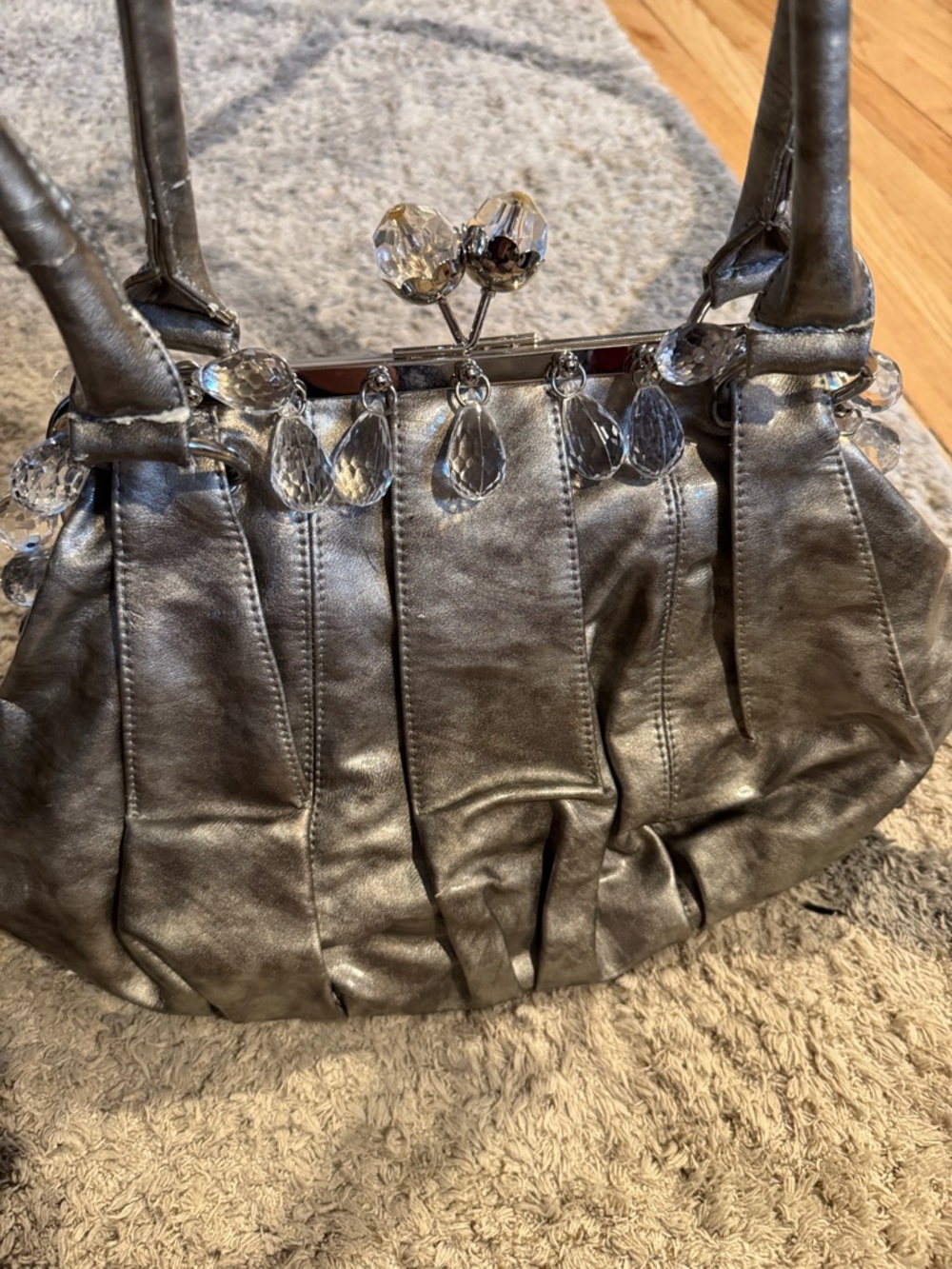 Crystal-Trim Metallic Shoulder Bag in Silver